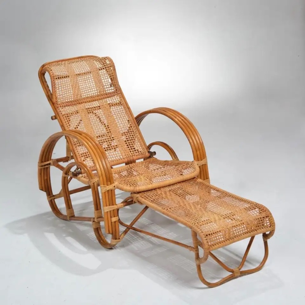 Vintage 1920s Rattan Reclining Lounge Chair With Ottoman